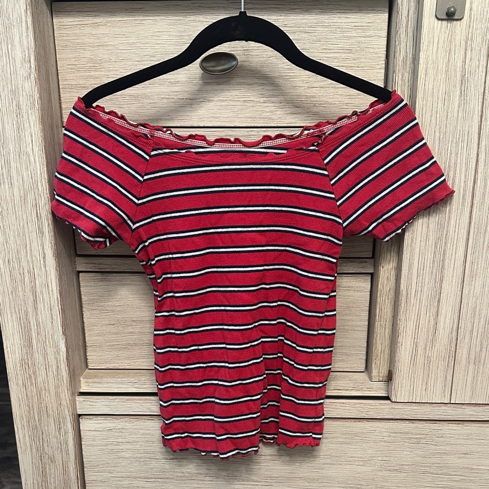 Justice Red and Black Striped Off-Shoulder Top